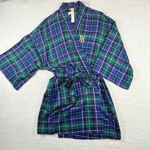 Victoria’s Secret Short Flannel Robe in Blue Green Plaid - US Women’s M/L